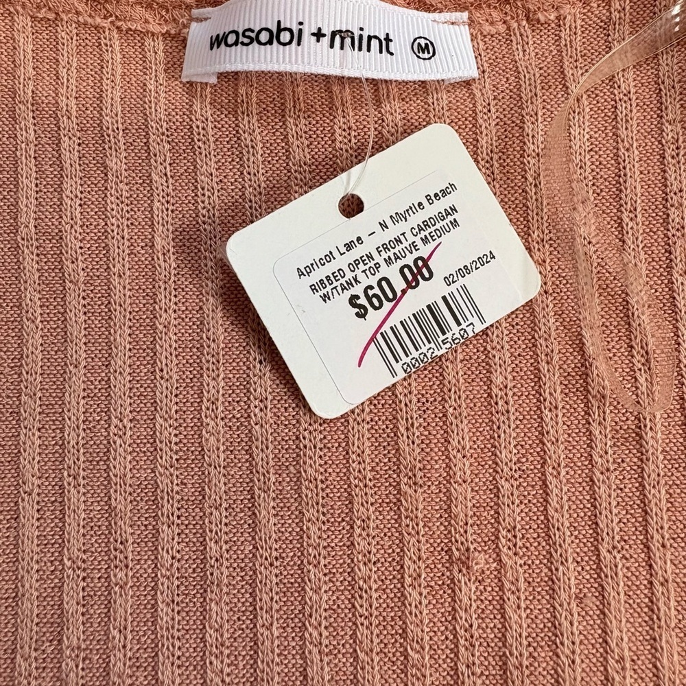 NWT Ribbed Blush Peach Cardigan & Cropped Tank Top Matching Two Piece Set Size M - Picture 3 of 11